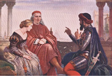 Desdemona (Othello) könyörgése "Ahol a legkatasztrofálisabb esélyekről beszéltem, az árvíz és a mező által okozott mozgási balesetekről" a The Complete Works of William Shakespeare pub.-tól, J Coker & Co Ltd (színes litó)