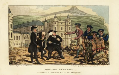 Egy skót kőműves a Holyrood-palota előtt, Edinburghban elmagyarázza angol turistáknak, hogy rozsdás ősi falchion kardjuk Andrea Ferrara modern pengéje