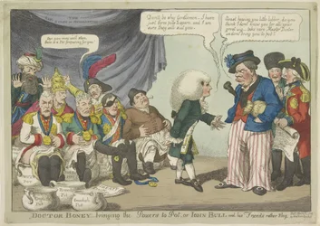 Dokter Napoleon zet de Europese vorsten op de pot, 1808 Doctor Boney – az erők cserébe, vagy John Bull és barátai meglehetősen félénkek (cím a tárgyon)