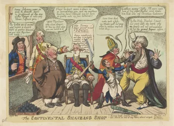 Napóleon az európai hatalmak borbélya, 1806 The Continental Shaving Shop (cím a tárgyon)