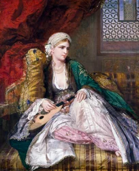 Orientalizmus: európai "keleti szépség" turbánt és fátylat viselve (török stílusban), hangszerrel fekve. Charles Wynne Nicholls (1831-1903) (preraffaelita) festménye 1865.
