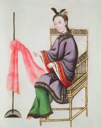 Egy halászhálót készítő kínai nő, Qianlong-korszak (1736-96) (guache papíron)