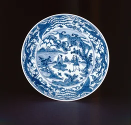 Kék-fehér edény zsályával és kísérővel festve, Wanli jel és korszak, 1573-90 (porcelán)