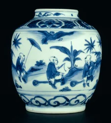 Kék-fehér tégely hobbilovakon játszó fiúkkal, Wanli vagy Chongzheng, 1600-30 (porcelán) (lásd: 206093, 206095, 206096)