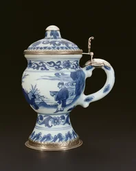 Kék-fehér mustáros fazék tudóssal és kísérővel festett fedővel, Chongzheng, 1635-40 (porcelán)