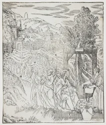 Krisztus a kútnál, tányér Giulio Alenis Tianzhu jiangsheng zhuxiang jingjie-től (A menny Urának illusztrált története, aki testben testesült meg), Jinjiang templom, Fujian tartomány, Chi