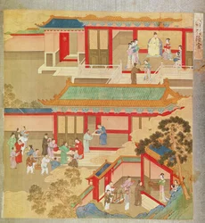 Hsuan Tsung császár (i.sz. 712-756) otthon, a kínai császárok történetéből (szín selyemen)