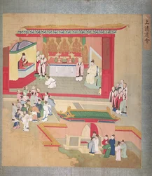 Hui Tsung császár (1100-26) a Tao-See buddhista szektával gyakorol, a Kínai császárok történetéből (szín a selyemen)