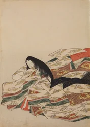 Ülő udvarhölgy, balra fordulva, tábla az albumból: Nishiki-zuri onna sanjū rokkasen e-zukushi