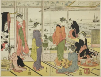 Egy shinagawai örömházban (Shinagawa no rojo) (színes fametszetek; két lap egy oban triptichonból)