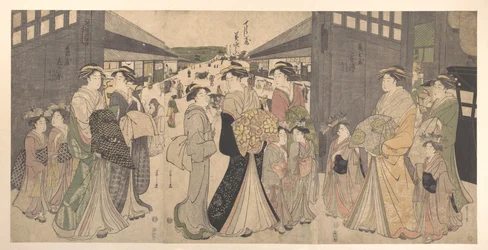 Oiran és kísérői a Yoshiwara Ō Mon, azaz Nagy Kapujánál