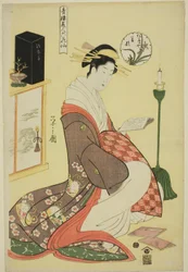Wakana of the Matsubaya, a "The Beauties of the Pleasure Quarters as the Six Floral Immortals (Seiro bijin rokkasen)" sorozatból