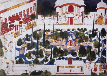 Maharana Bhim Singh nemesekkel tréfálkodik a palota medencéjében, 1803