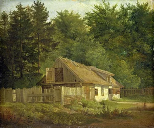 Egy ház a Frederiksdal-erdőben Koppenhága közelében, 1828 (olaj, papír, kártyára montírozva)