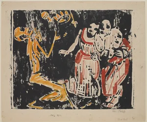 A halál mint zsonglőr (Forradalom) (Tod als Jongleur [Forradalom]), 1918–1919 (színes fametszet sárga, piros és fekete színben nehéz szőtt papíron)