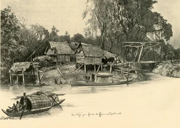 Cölöpökön álló házak, Bangkok, Sziám, 1898.