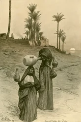 Vízedényeket cipelő nők a Nílus partján, Kairó, Egyiptom, 1898.
