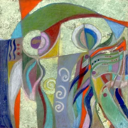 Annunciáció, 1999 körül (színes ceruza, gouache és levélarany, palatábla)