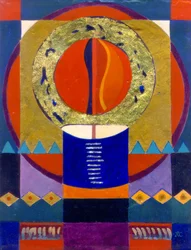 Örök láng, 2004 körüli (tojástempera, aranyozott, gipszelt panelen, levélarany)