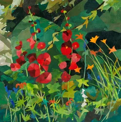 Cornerways garden with Hollyhocks, 2025 (vízfestékkel festett papírkollázs)