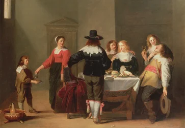 Egy őrszoba belső katonákkal, akik női társaságban esznek és isznak, 1639