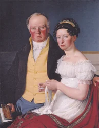 Dán:  Bille-Brahe og hans anden hustru Johanne Caroline, født Falbe Kettős portré Preben Bille-Brahe grófról és második feleségéről, Johanne Caroline, született Falbe-ról.