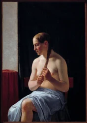 Ülő aktmodell. Egy haját fonó nő portréja. Christoffer Wilhelm Eckersberg (1783-1853) festménye