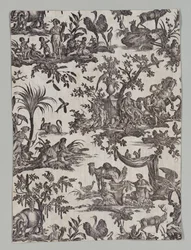 Rézlemezre nyomtatott pamut töredéke Les quatres party du monde Design, 1788.