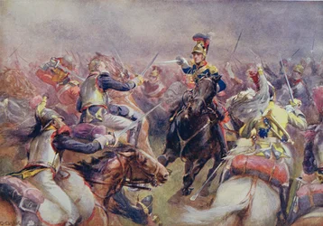 A nehézdandár rohama a francia vértesek ellen Waterloonál, Sir Evelyn Wood (1838-1919) szerkesztésében megjelent „British Battles on Land and Sea” című műből, először 1915-ben jelent meg