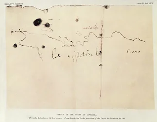 Kolumbusz első útja során készített vázlat Spanyolország partjairól, a Duque de Berwick y de Alba birtokában lévő eredeti példányról, 1492 (tinta, papír).