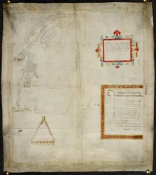 Bayford és Goodmanston uradalmak térképe Murston és Sittingbourne, co. Kent: 1590 (tinta és színes mosás pergamenre)