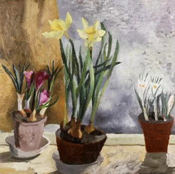 Krókusz és nárciszok (nárciszok) cserépben. Christopher Wood (1901-1930) festménye Magángyűjtemény.