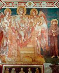 Madonnának gyermekei vannak a trónon, négy angyala és Assisi Szent Ferenc Cimabue-i freskó (Cenni di Pepo) (1272-1302) 1278-1280 Méret.320x340 cm. Assisi, San Francesco bazilika, Alsó templom