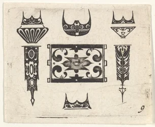 Fekete hímzésmintás nyomat kilenc motívummal, kb. 1620.