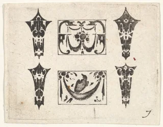 Fekete hímzésű nyomat két vízszintes mezővel és négy foglalattal, kb. 1620