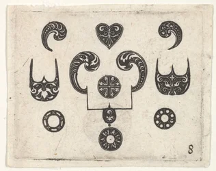 Fekete hímzésmintás nyomat különféle motívumokkal, kb. 1620.