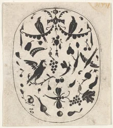 Ovális fekete hímzésű nyomat madarakkal, rovarokkal és gyümölcsökkel, kb. 1620