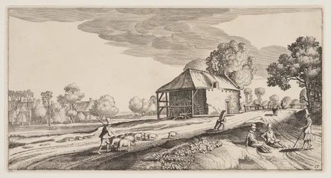 Keresztút egy vízimalom mellett, a Landscapes (Playsante Lantschappen) című képből