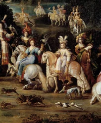 Ecuyeres vadászó sólyom Részlet Claude Deruet (1588-1662) festményéről. Homályos. 1,14 x 2,58 m