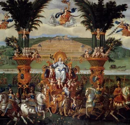 A négy elem. A Föld (Középpont). Olajfestmény. Mérete: 4,22 x 1,14 m. Claude Deruet festménye (1588-1662)