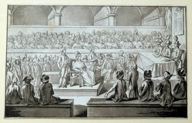 Marie Antoinette francia királynő a Forradalmi Törvényszék előtt: 1793.10.14., 15., 16. nap Az ügyében védekező ügyvéd Claude Francois Chauveau-Lagarde (1756-1841). Rajz fekete tintával Dim. 0,097x0,15 m. Párizs, Louvre Múzeum