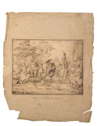 Les quatre âges de la vie: Hét figura a kertben, az egyik ásóval ás (toll és barna tinta)