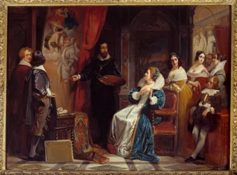 Marie de Medicis francia királynő (1573-1642) Pierre Paul (Pierre-Paul) Rubens (vagy Peter Paul vagy Petrus Paulus) (1577-1640) festőműhelyébe látogat. Claudius Jacquand (1804-1878) festménye
