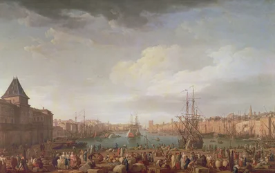 Marseille belső kikötőjének és a Horloge du Parc pavilonjának reggeli látképe, 1754