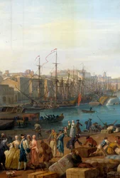 Marseille kikötője a 18. században. Az áruk kirakodását ábrázoló részlet. Joseph Vernet (1714-1789) festménye