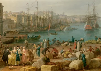 Marseille kikötője a 18. században. Az áruk kirakodását ábrázoló részlet. Joseph Vernet (1714-1789) festménye, 18. század, Párizs, Tengerészeti Múzeum