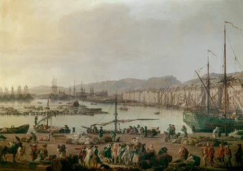 Toulon kikötőjének látképe, részlet: a régi kikötő, kilátás az üzletek partjáról. Joseph Vernet (1714-1789) festménye, 1756. Párizs, Musée de la Marine - Toulon tengeri kikötőjének látképe. Részlet. Joseph Vernet (1714-1789) festménye