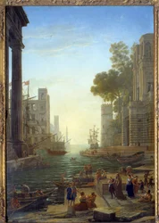 Táj Saint Paula Romana hajójával Ostiában. Saint Paula elhagyja gyermekeit, hogy a Szentföldre utazzanak. Vászon, 211 x 145 cm - Beszállás Sainte Paule-ból Ostiába. Szent Pál (347-404 vagy 407), római özvegy, Szent Jeromos tanítványa. Cl. festménye