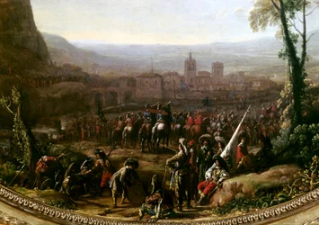 XIII. Lajos (1601-1643) Torinóhoz kényszerítette a Pas de Susát, amelyet a Savoyai herceg erői védtek 1629-ben. Részlet. Claude Gellee Lorrain festménye (1600-1682) Párizs, Musee du Louvre
