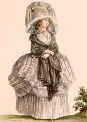 Női nyári sétányruha, Deny gravírozásával, a „Galeries des Modes et Costumes Francais”-ból, 1778-87